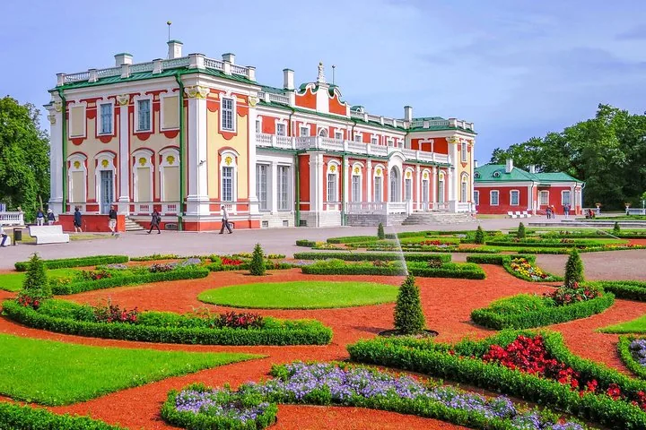 Kadriorg Palace with its red and white facade and formal gardens.